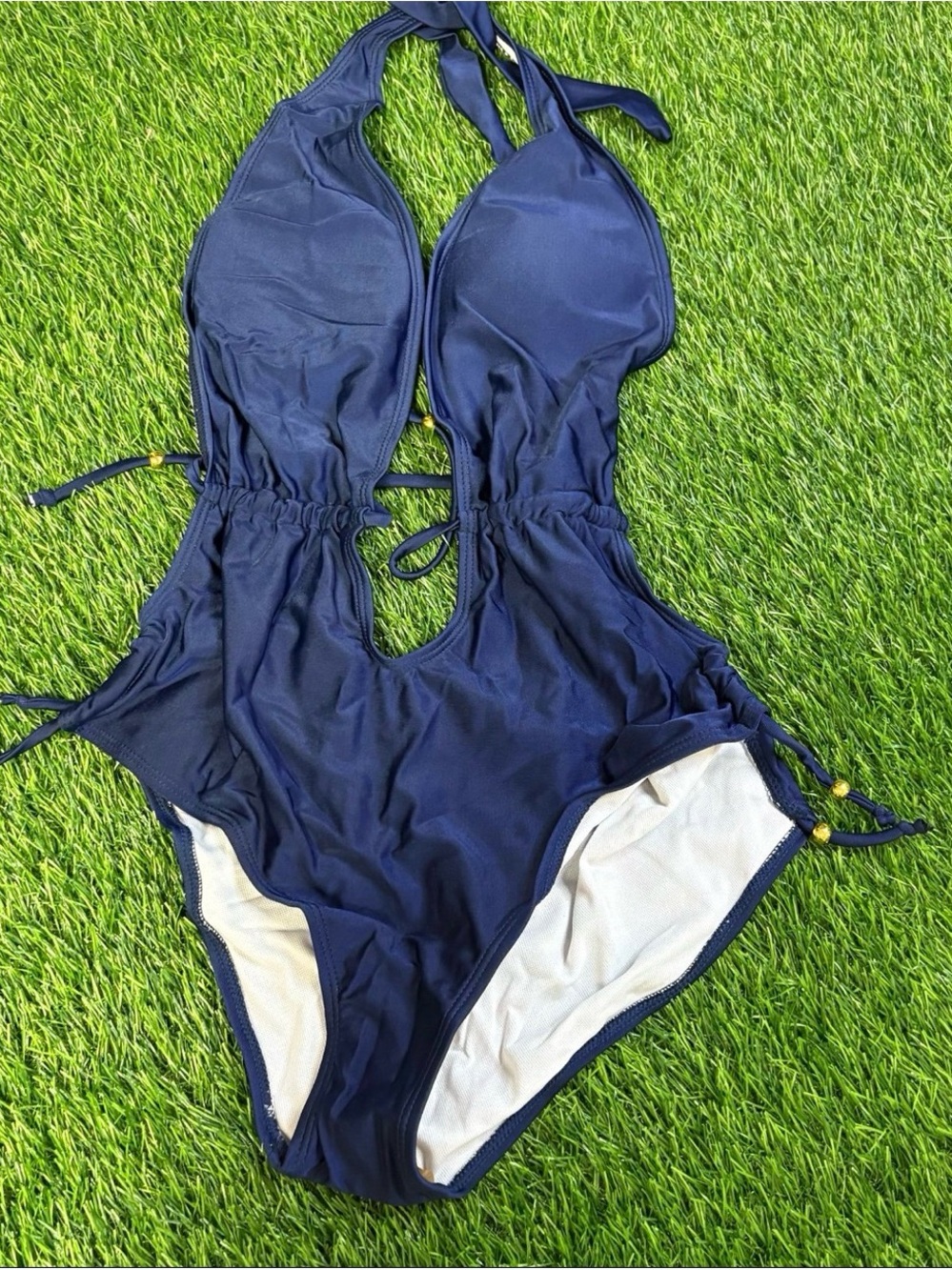 Source Unknown Navy Blue Halter One-Piece Swimsuit